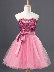 Amazing Rose Pink Sleeveless Mini Length Sequins Zipper Dress for Prom