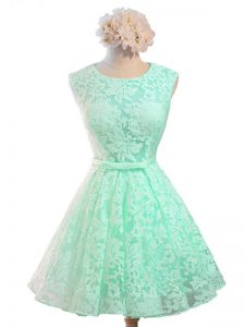 Lace Scoop Sleeveless Lace Up Belt Bridesmaid Dress in Apple Green