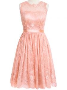 Designer Sleeveless Knee Length Lace Zipper Quinceanera Dama Dress with Peach