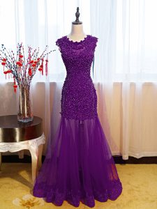 Eggplant Purple Sleeveless Beading and Lace and Appliques Floor Length Evening Dress