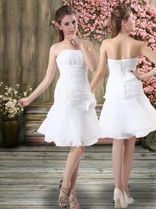 Smart White Strapless Neckline Hand Made Flower Wedding Gowns Sleeveless Lace Up