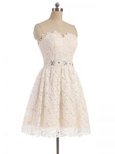Champagne A-line Tulle Sweetheart Sleeveless Beading and Lace Mini Length Zipper Hoco Dress