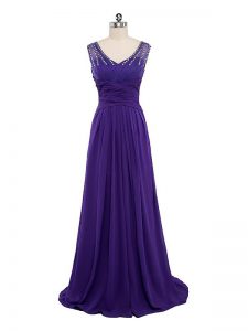 Chiffon Sleeveless Floor Length Red Carpet Prom Dress and Beading and Ruching