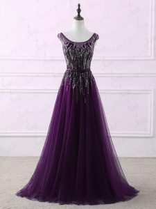 Scoop Sleeveless Sweep Train Zipper Prom Gown Eggplant Purple Tulle