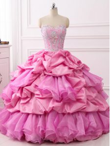 Sweet Rose Pink Ball Gowns Organza and Taffeta Sweetheart Sleeveless Beading and Ruffles and Pick Ups Floor Length Lace Up Ball Gown Prom Dress