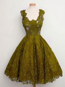 Luxurious Olive Green Straps Lace Up Lace Dama Dress for Quinceanera Sleeveless