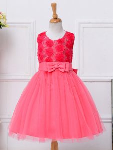 Fashion Knee Length Lace Up Little Girls Pageant Dress Hot Pink for Wedding Party with Bowknot