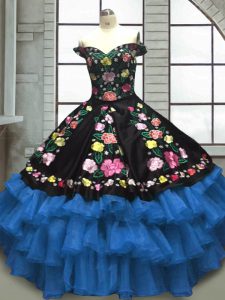 Floor Length Lace Up Quince Ball Gowns Blue And Black for Military Ball and Sweet 16 and Quinceanera with Embroidery and Ruffled Layers