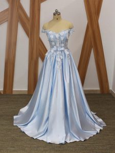 Sleeveless Elastic Woven Satin Floor Length Lace Up Juniors Evening Dress in Light Blue with Appliques and Belt