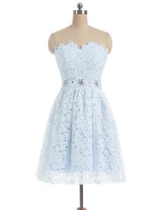 Light Blue Sleeveless Mini Length Beading and Lace and Appliques Zipper Prom Dress