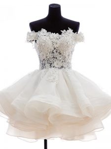 High Class White Tulle Zipper Cocktail Dresses Sleeveless Knee Length Beading and Lace and Embroidery and Ruffles