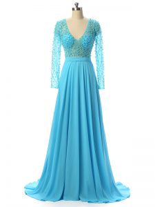 Baby Blue Mother of Groom Dress Prom and Sweet 16 with Beading V-neck Long Sleeves Brush Train Zipper