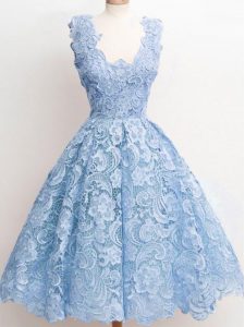 Gorgeous Lace Wedding Party Dress Light Blue Zipper Sleeveless Knee Length