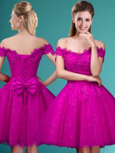 Beauteous Fuchsia A-line Lace and Belt Dama Dress for Quinceanera Lace Up Tulle Cap Sleeves Knee Length