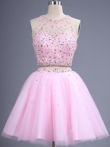 Eye-catching Pink Zipper Court Dresses for Sweet 16 Beading and Lace Sleeveless Knee Length