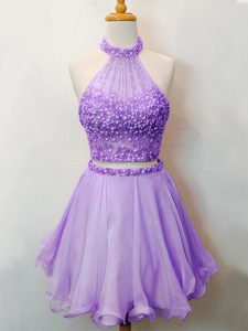 Halter Top Sleeveless Bridesmaid Gown Knee Length Beading Lavender Organza