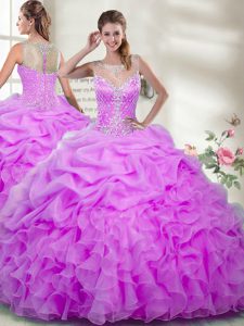 Dynamic Organza Scoop Sleeveless Zipper Beading and Ruffles Sweet 16 Dresses in Lilac