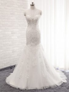 Fantastic White Wedding Gown Tulle Brush Train Sleeveless Lace