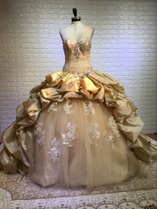 Customized Gold Ball Gowns Sweetheart Sleeveless Taffeta and Tulle Court Train Lace Up Beading and Appliques and Pick Ups Sweet 16 Quinceanera Dress
