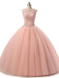 Classical Peach Tulle Lace Up Scoop Sleeveless Floor Length Sweet 16 Dress Beading and Lace