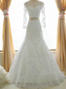 Super Zipper Wedding Gowns White for Beach and Wedding Party with Lace and Appliques Brush Train
