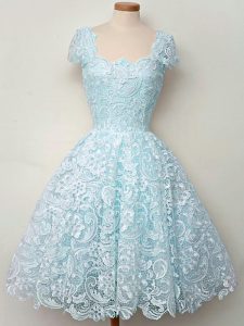 Lace Straps Cap Sleeves Lace Up Lace Quinceanera Dama Dress in Aqua Blue