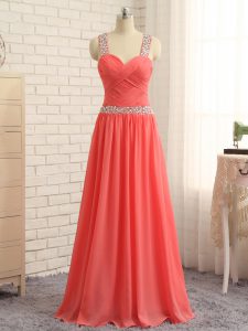 Straps Sleeveless Prom Gown Floor Length Beading and Ruching Watermelon Red Chiffon