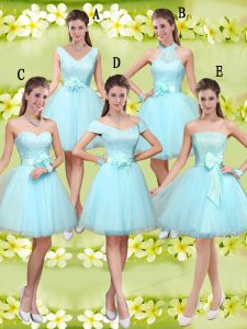 Colorful Aqua Blue A-line Sweetheart Sleeveless Tulle Knee Length Lace Up Lace and Belt Wedding Guest Dresses