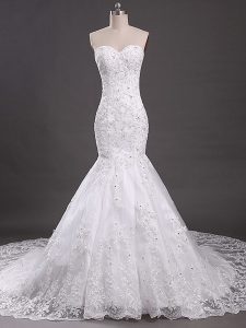 Clearance White Mermaid Lace Wedding Gown Lace Up Tulle Sleeveless