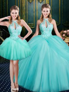 Flirting Aqua Blue Sweet 16 Quinceanera Dress Military Ball and Sweet 16 and Quinceanera with Beading and Pick Ups Halter Top Sleeveless Lace Up