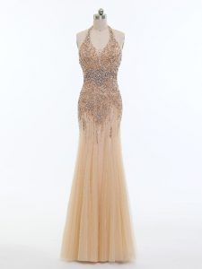 Tulle Halter Top Sleeveless Backless Beading Evening Party Dresses in Champagne