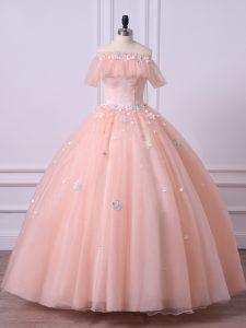 Sumptuous Tulle Off The Shoulder Short Sleeves Lace Up Lace and Appliques Ball Gown Prom Dress in Peach