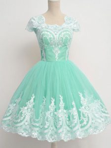 Elegant Apple Green Cap Sleeves Tulle Zipper Quinceanera Court Dresses for Prom and Party and Wedding Party