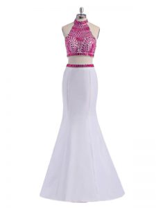 Free and Easy White Satin Criss Cross Halter Top Sleeveless Floor Length Prom Party Dress Beading