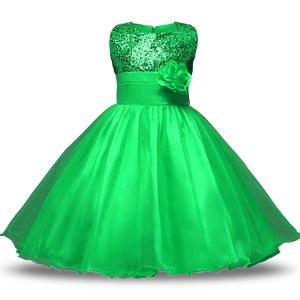Modest Green Sleeveless Organza and Sequined Zipper Toddler Flower Girl Dress for Military Ball and Sweet 16 and Quinceanera