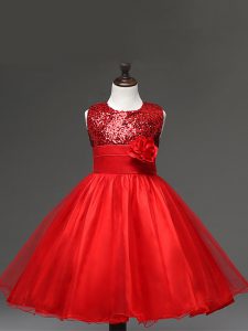 Enchanting Red Zipper Scoop Sequins and Hand Made Flower Kids Pageant Dress Tulle Sleeveless