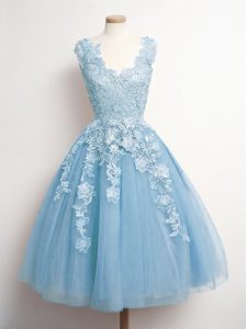 Amazing A-line Quinceanera Court Dresses Light Blue V-neck Tulle Sleeveless Knee Length Lace Up