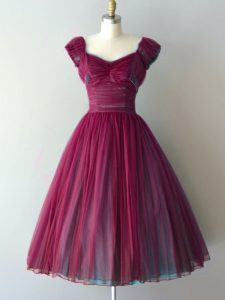 Burgundy Dama Dress for Quinceanera Prom and Party and Wedding Party with Ruching V-neck Cap Sleeves Lace Up