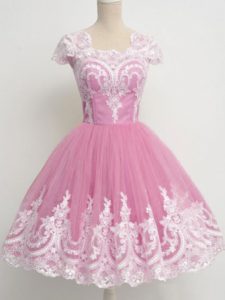 Rose Pink Zipper Bridesmaid Dresses Lace Cap Sleeves Knee Length