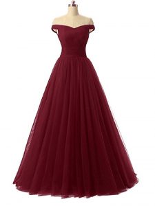 Edgy Ruching Dress for Prom Burgundy Lace Up Sleeveless Floor Length