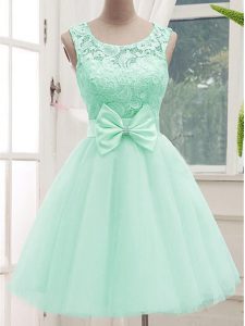 Custom Design Scoop Sleeveless Wedding Guest Dresses Knee Length Lace and Bowknot Apple Green Tulle