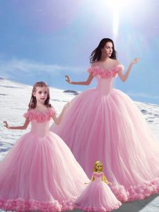 Dramatic Brush Train Ball Gowns 15th Birthday Dress Baby Pink Off The Shoulder Tulle Sleeveless Lace Up