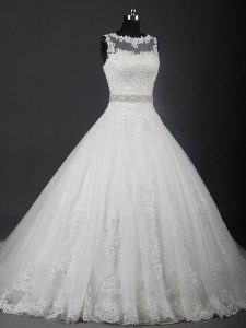 Sleeveless Brush Train Lace Up Lace and Belt Wedding Dress