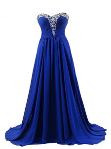 On Sale Royal Blue Empire Sweetheart Sleeveless Elastic Woven Satin Brush Train Lace Up Beading Prom Evening Gown