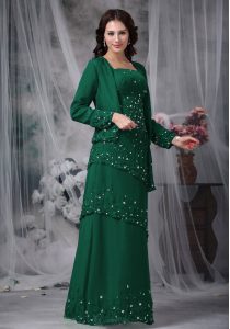 Customized Floor Length Zipper Mother of Groom Dress Green for Prom and Party with Beading