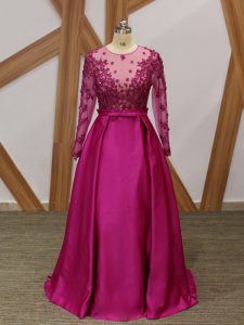 Fuchsia Elastic Woven Satin Zipper Mother of the Bride Dress Long Sleeves Floor Length Beading and Appliques and Belt