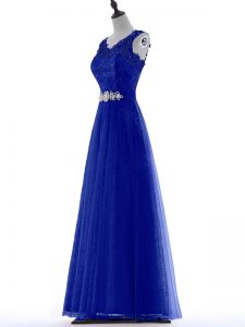 Glamorous Royal Blue A-line Tulle V-neck Sleeveless Beading and Lace Floor Length Zipper Homecoming Dress