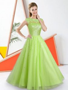 Stunning Tulle Sleeveless Floor Length Bridesmaid Gown and Beading and Lace