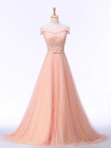 Peach Lace Up Evening Dress Beading and Lace and Belt Sleeveless Brush Train