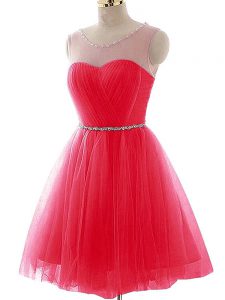 Customized Coral Red Dress for Prom Prom and Party and Sweet 16 with Beading and Ruching Scoop Sleeveless Lace Up